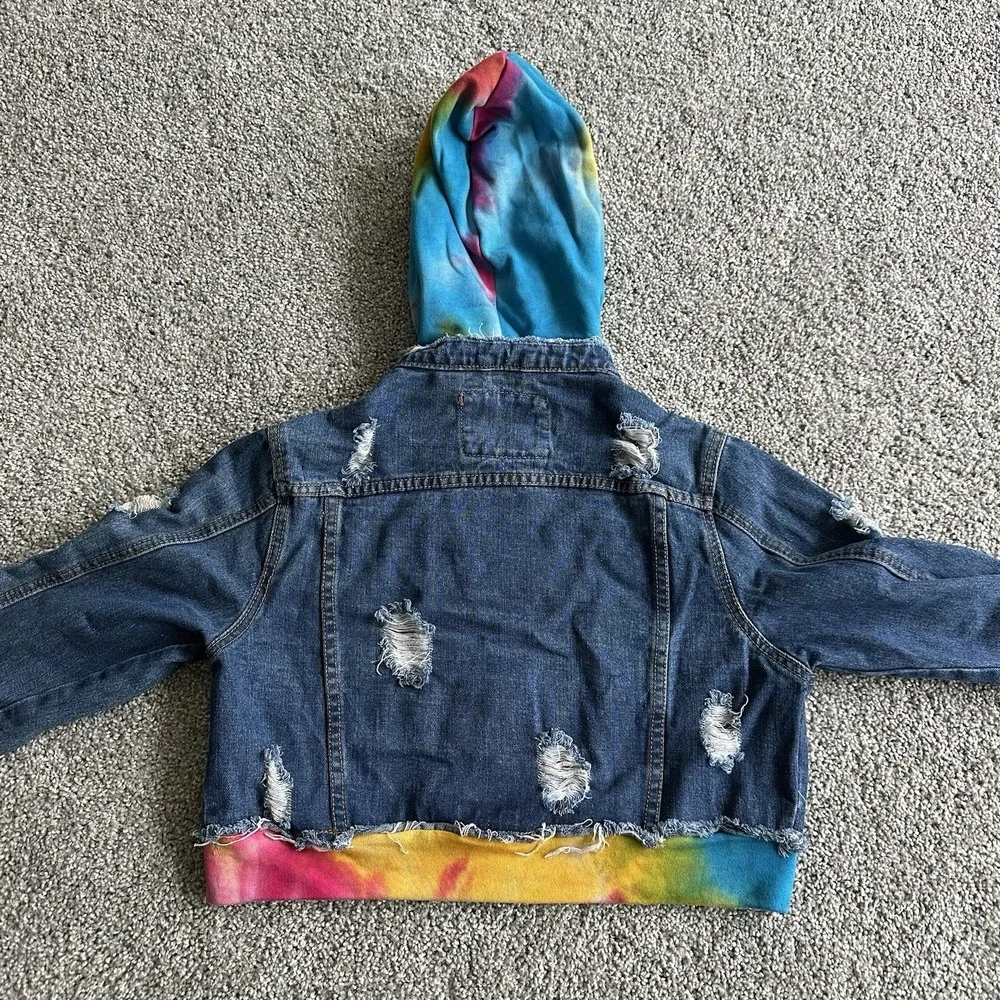 American Bazi Hooded‎ Denim women Jacket With Tie-Dye Trim cropped distressed